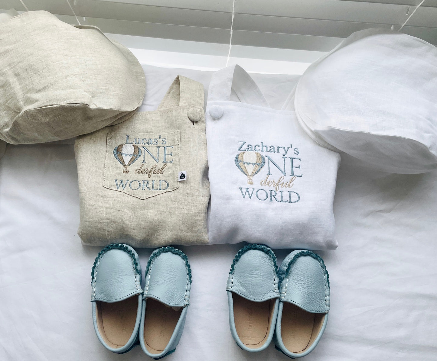 Boys Beige Linen Birthday overalls romper dungarees safari balloon fast car wild sea themes