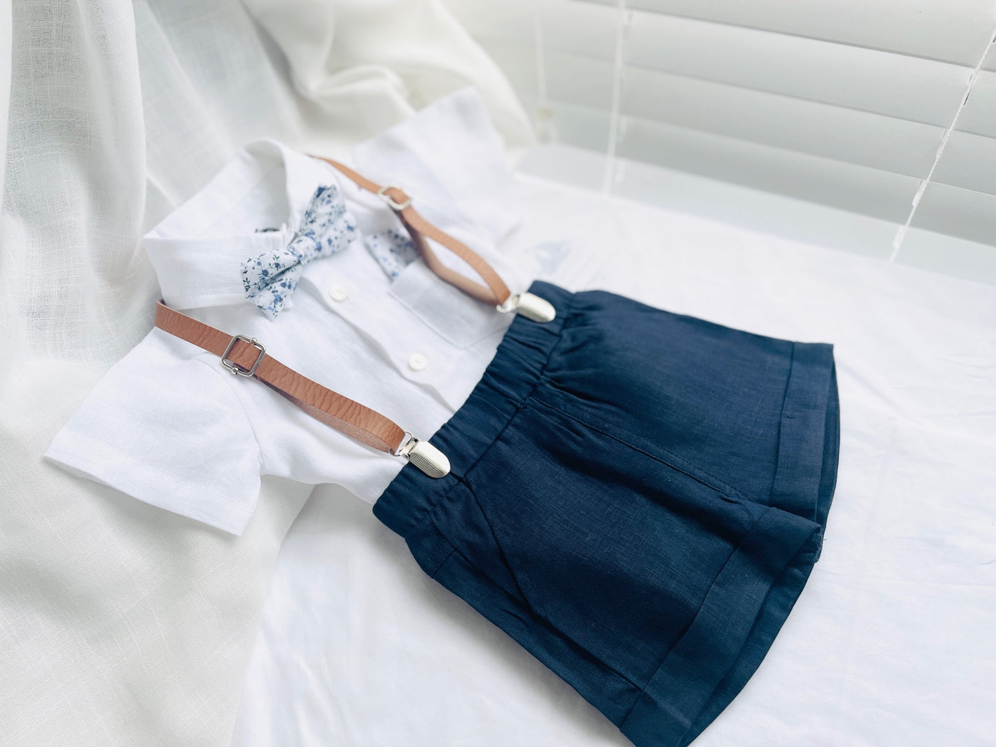 Navy blue and beige formal baptism or wedding suit with accessories and optional personalisation