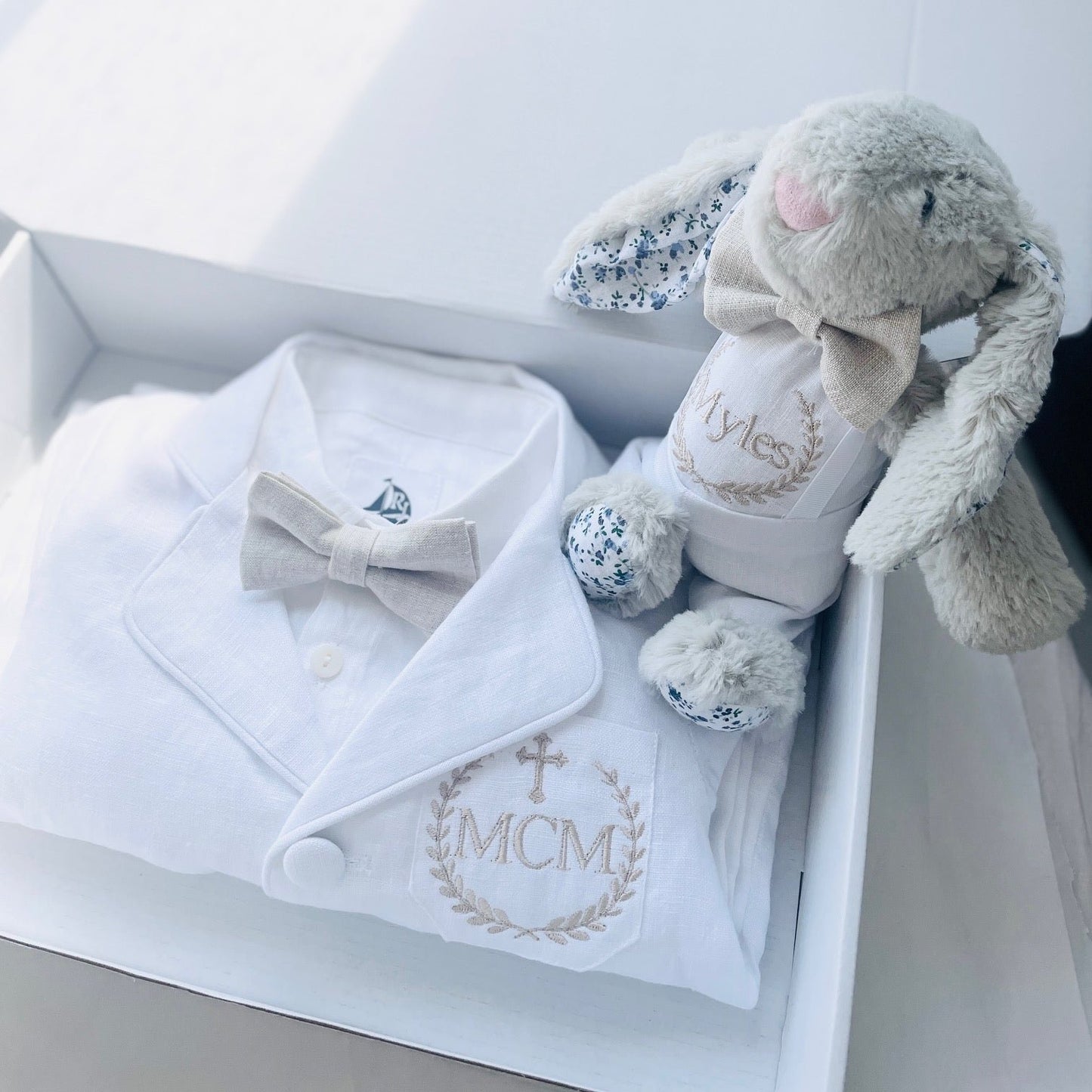 Baby and Toddler Boys white linen full length set with vest, shirt, pants, suspenders and bowtie