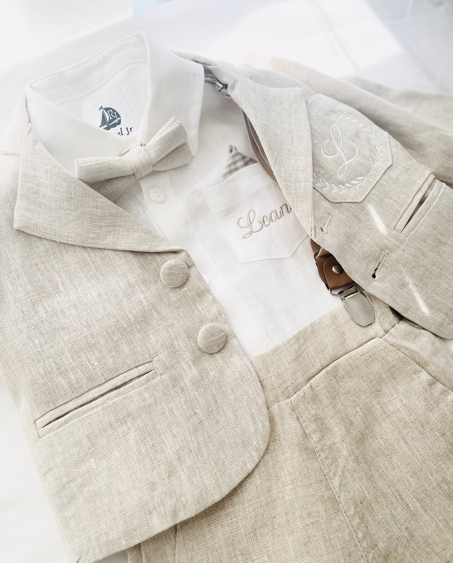 Beige linen baby and toddler boys formal baptism or wedding suit with accessories and optional personalisation