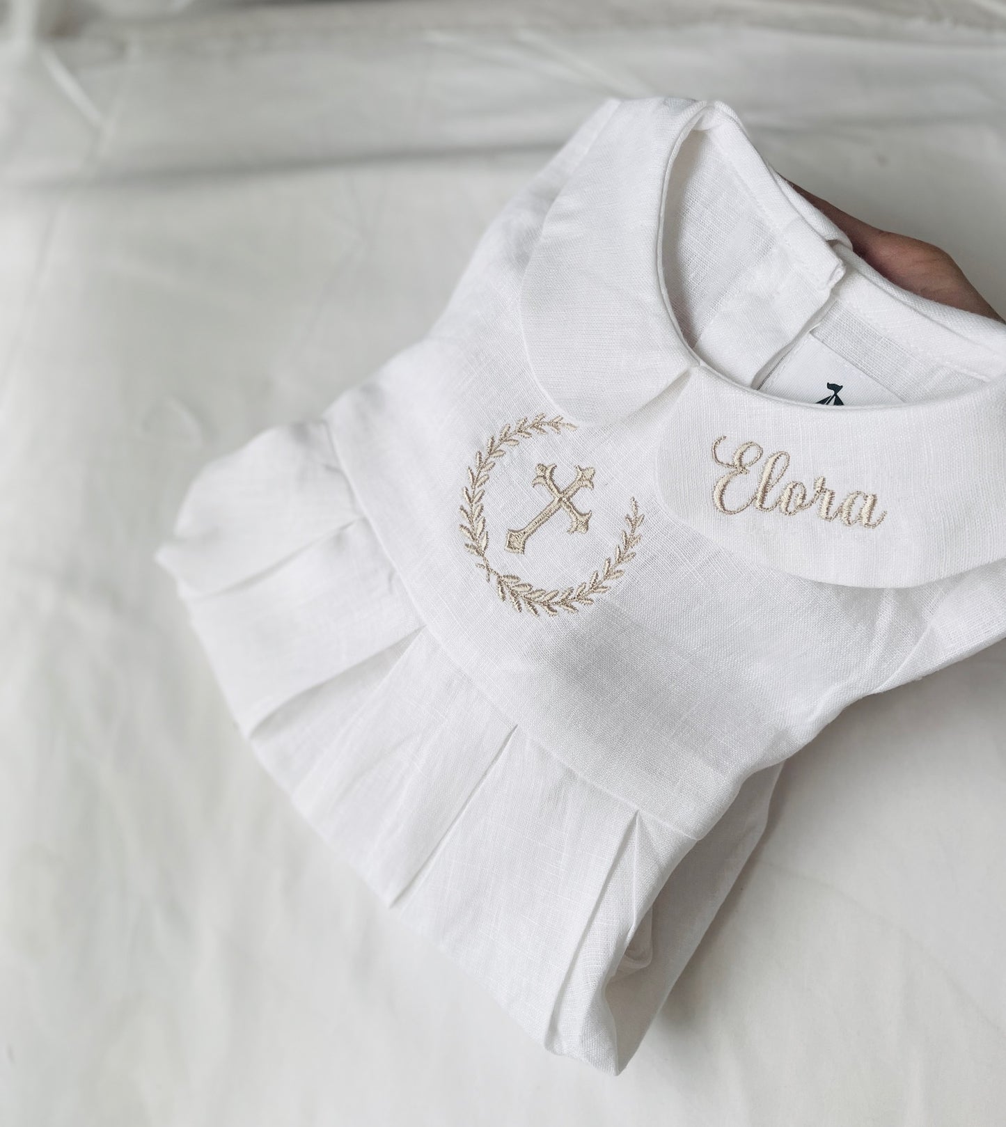 Linen Baptism romper short-all outfit with optional embroidery customisation