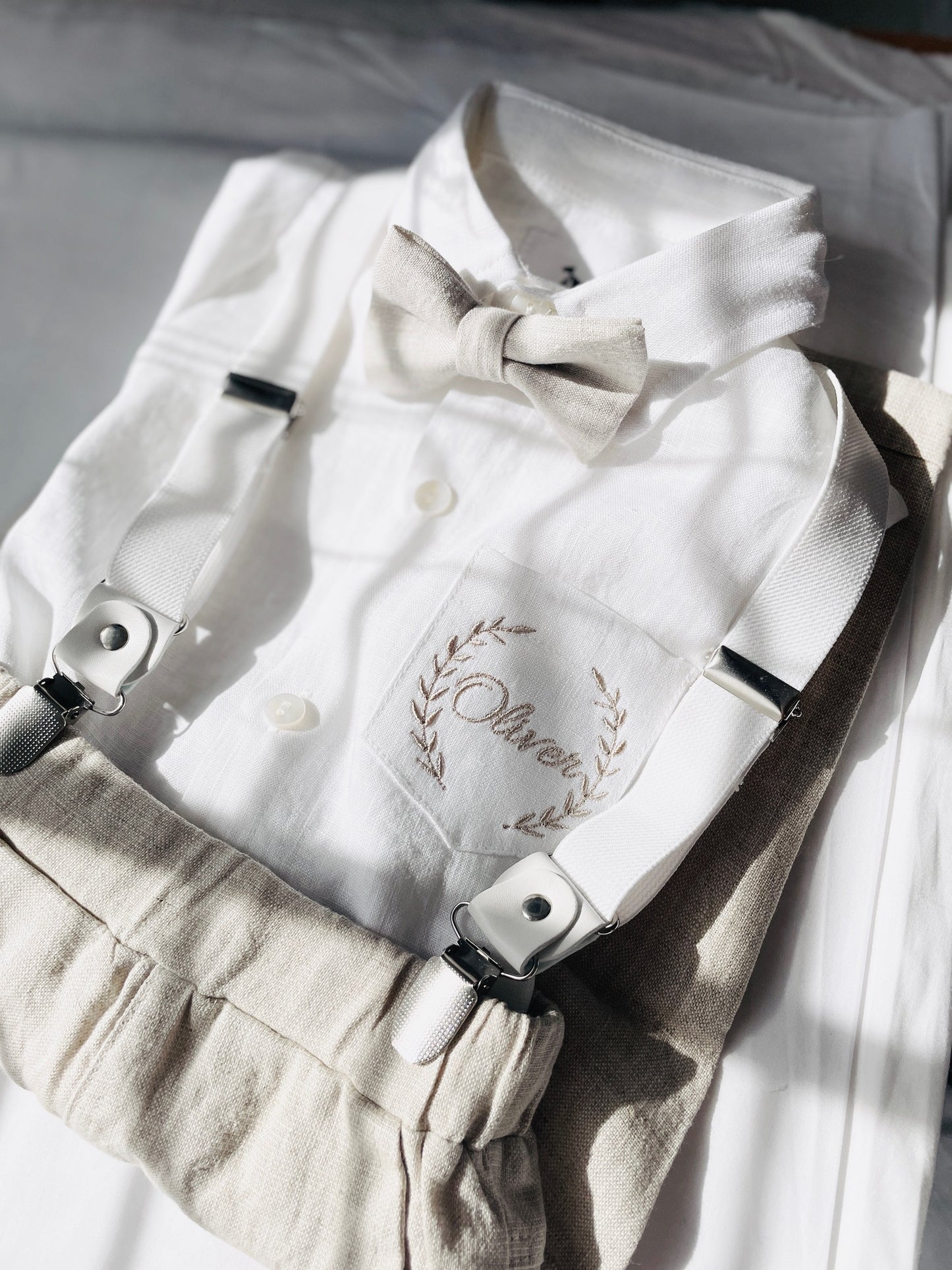 Beige linen baby and toddler boys formal baptism or wedding suit with accessories and optional personalisation