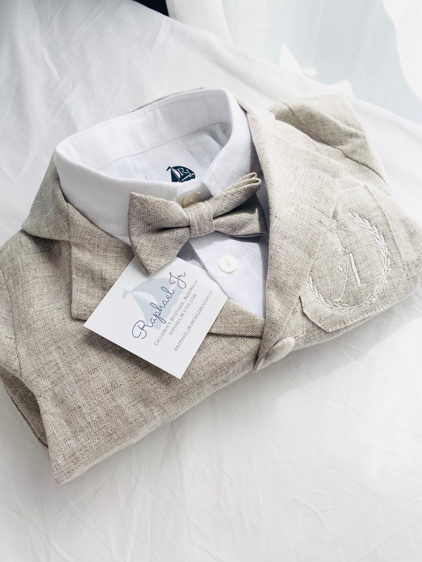 Beige linen baby and toddler boys formal baptism or wedding suit with accessories and optional personalisation