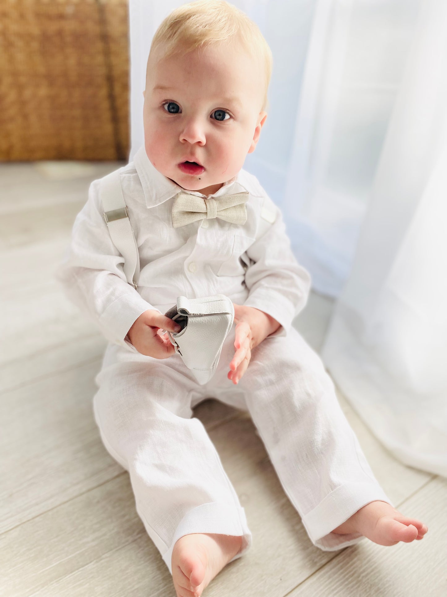 White and blue linen Baptism or Wedding Suit with Accessories and Embroidery Available