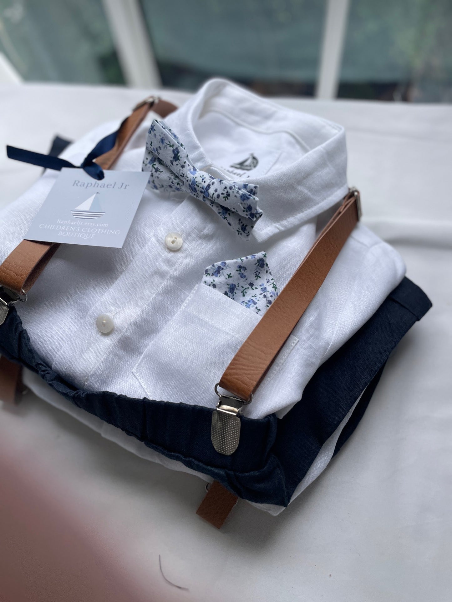 Navy blue and beige formal baptism or wedding suit with accessories and optional personalisation