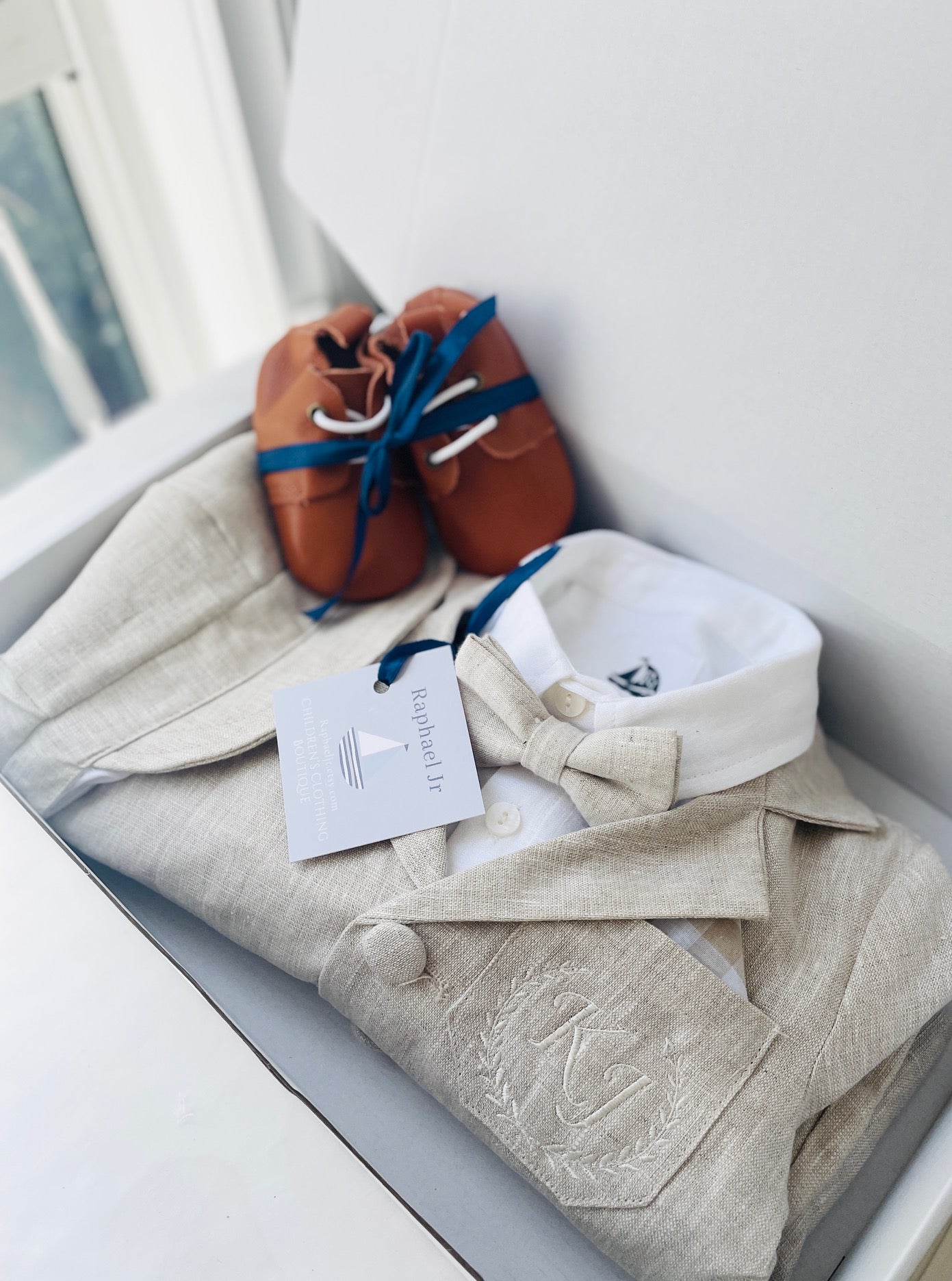 Beige linen baby and toddler boys formal baptism or wedding suit with accessories and optional personalisation