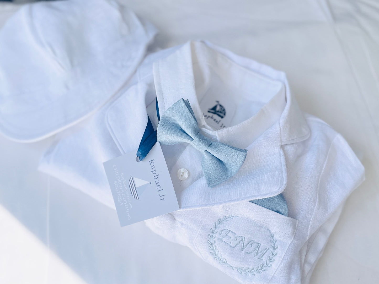 Boys white and blue linen summer baptism suit