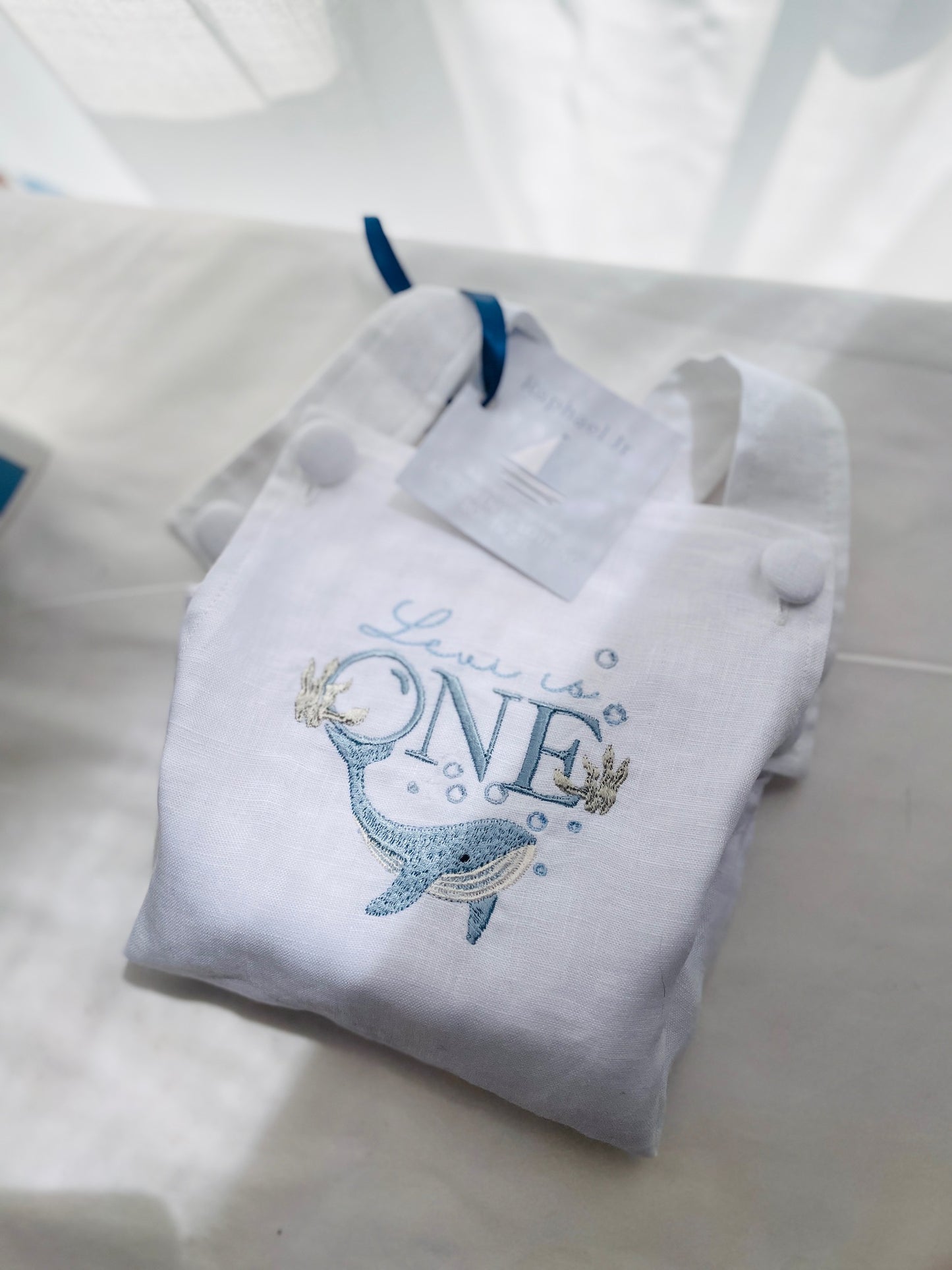 Boys White Linen birthday overalls one der the sea whale