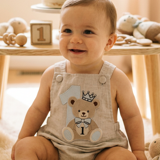 Teddy Bear first birthday romper in blue white or beige