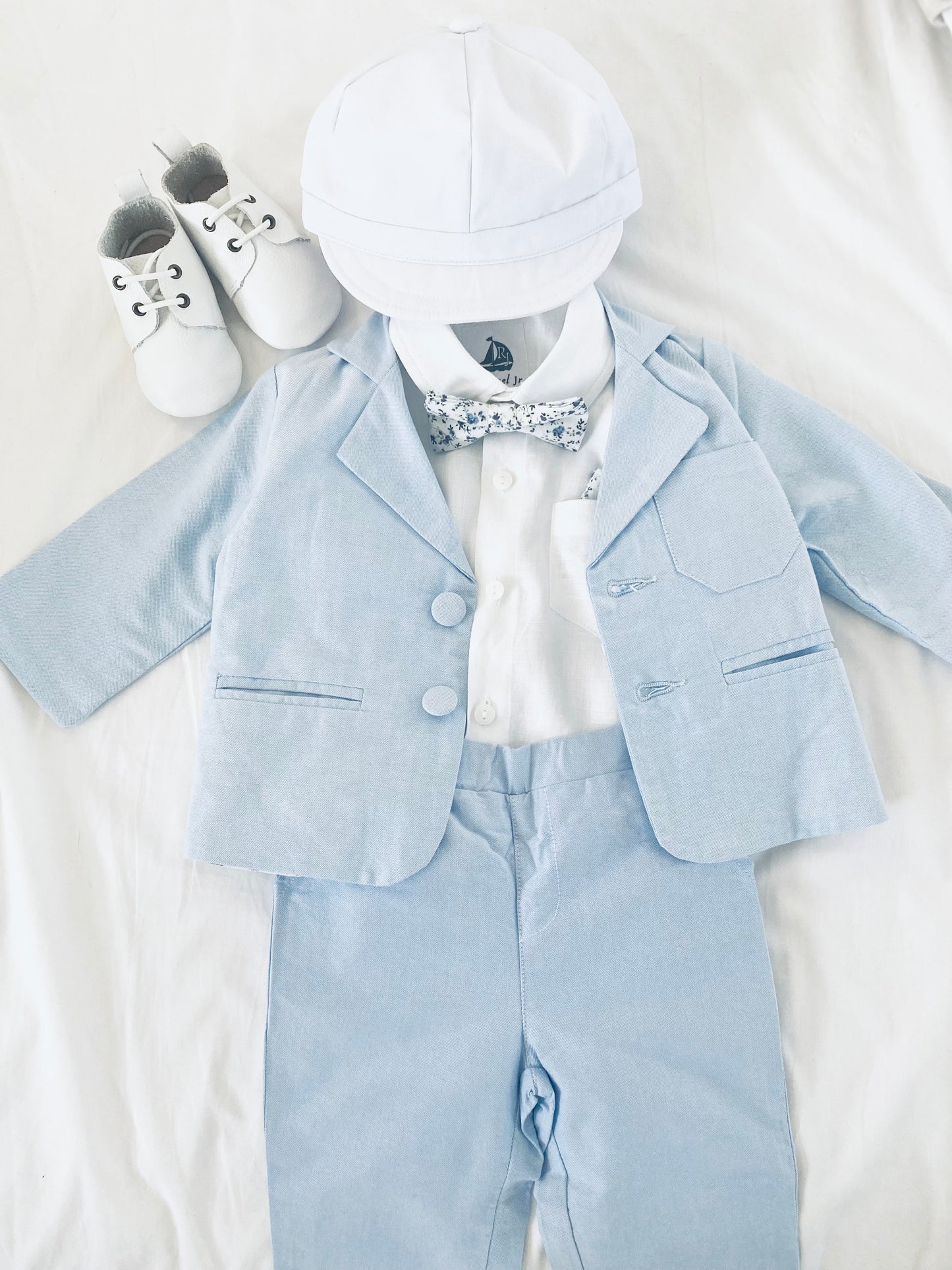 pale blue chambray summer set with shorts, shirt, suspenders and bow tie plus optional extras