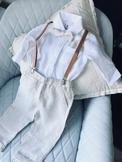 Baby and toddler boys beige linen full suit