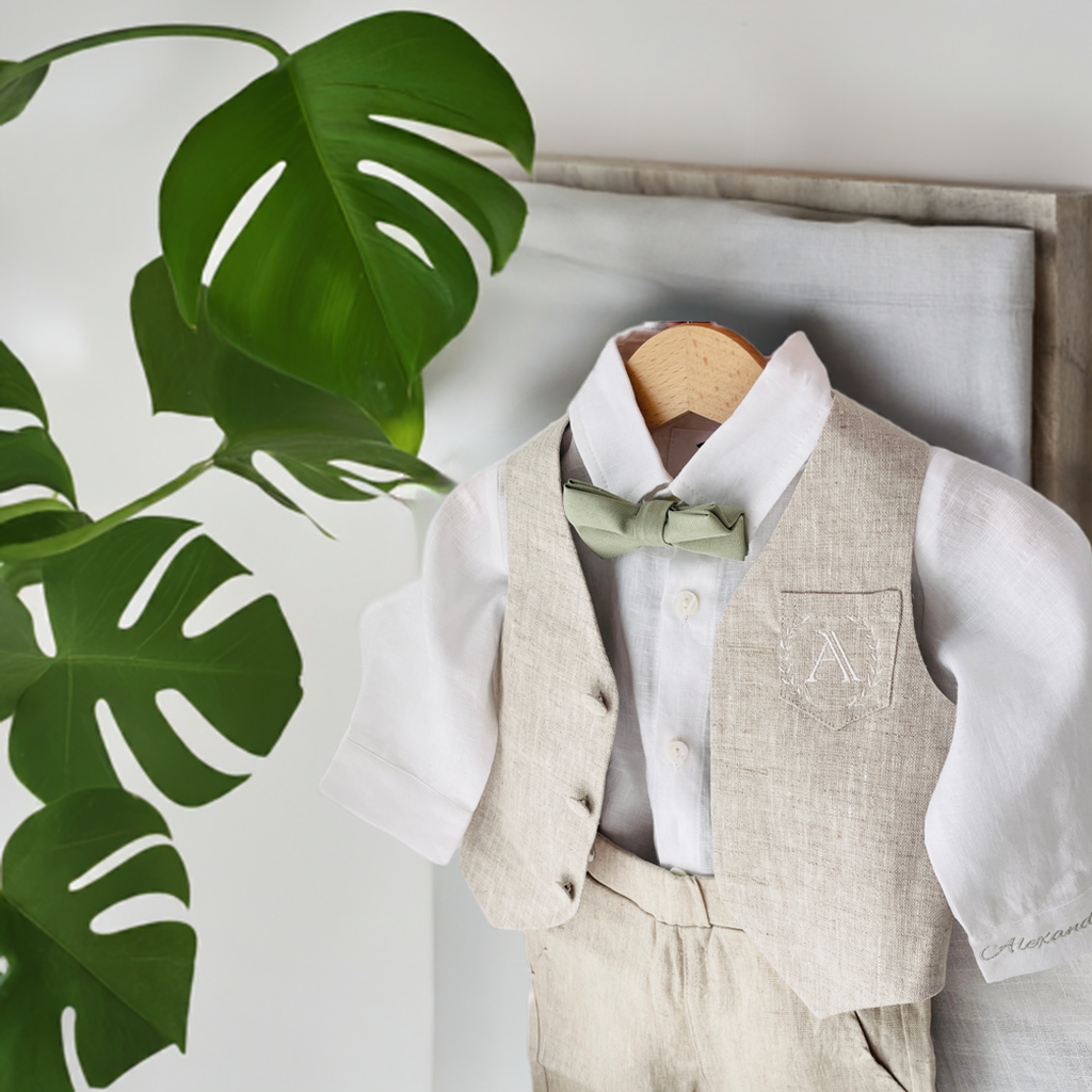 Beige linen set with vest, shirt, pants, suspenders and bowtie plus optional jacket, cap and shoes