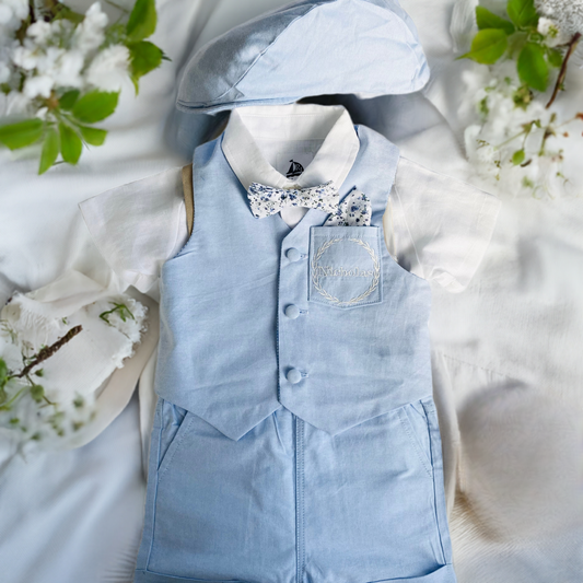 Baby and Toddler Boys pale blue and beige linen summer set with vest, shirt, shorts, suspenders and bowtie