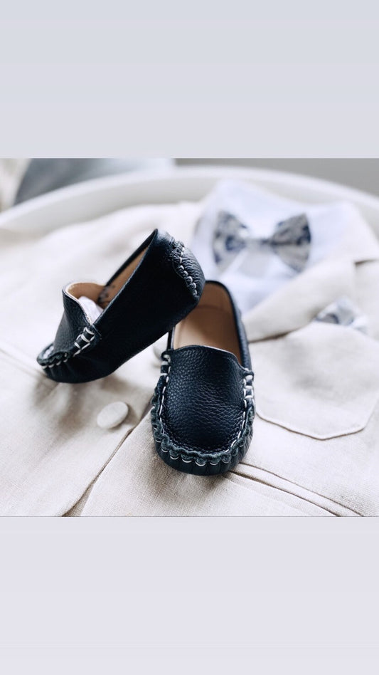 Navy blue leather moccasins loafers boat shoes