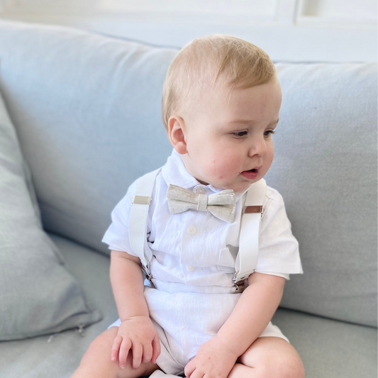 White linen summer baptism set with shirt shorts suspenders bow tie and optional jacket