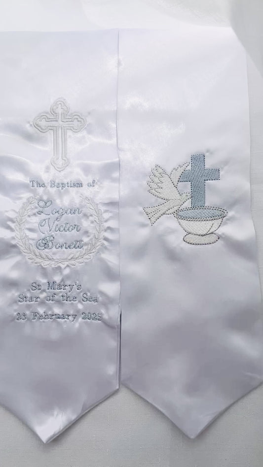 White satin children's sash stole for Baptisms 60in long