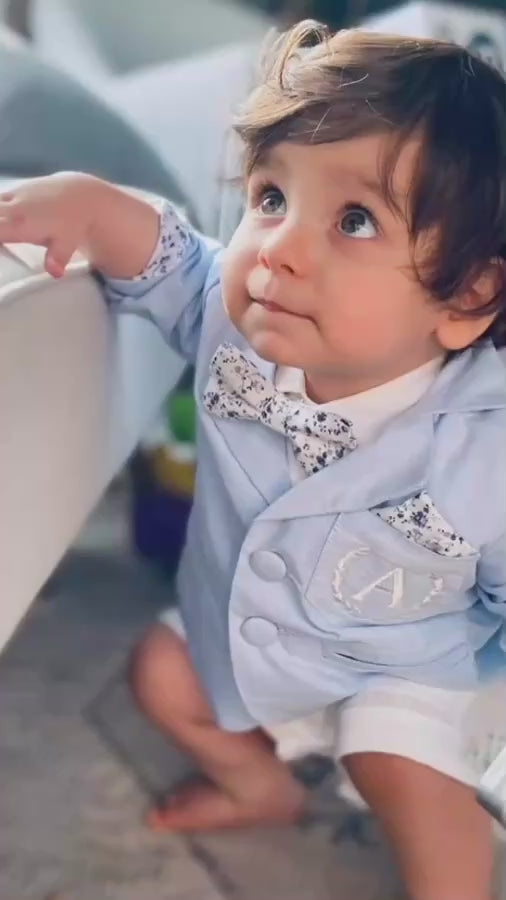 Boys white and blue linen summer baptism suit