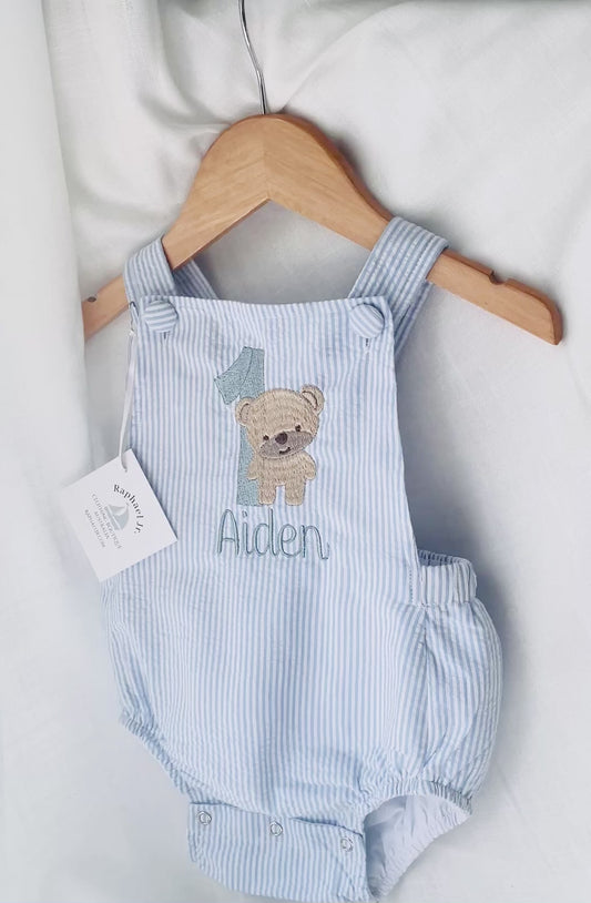 Boys Blue Seersucker teddy bear First Birthday romper