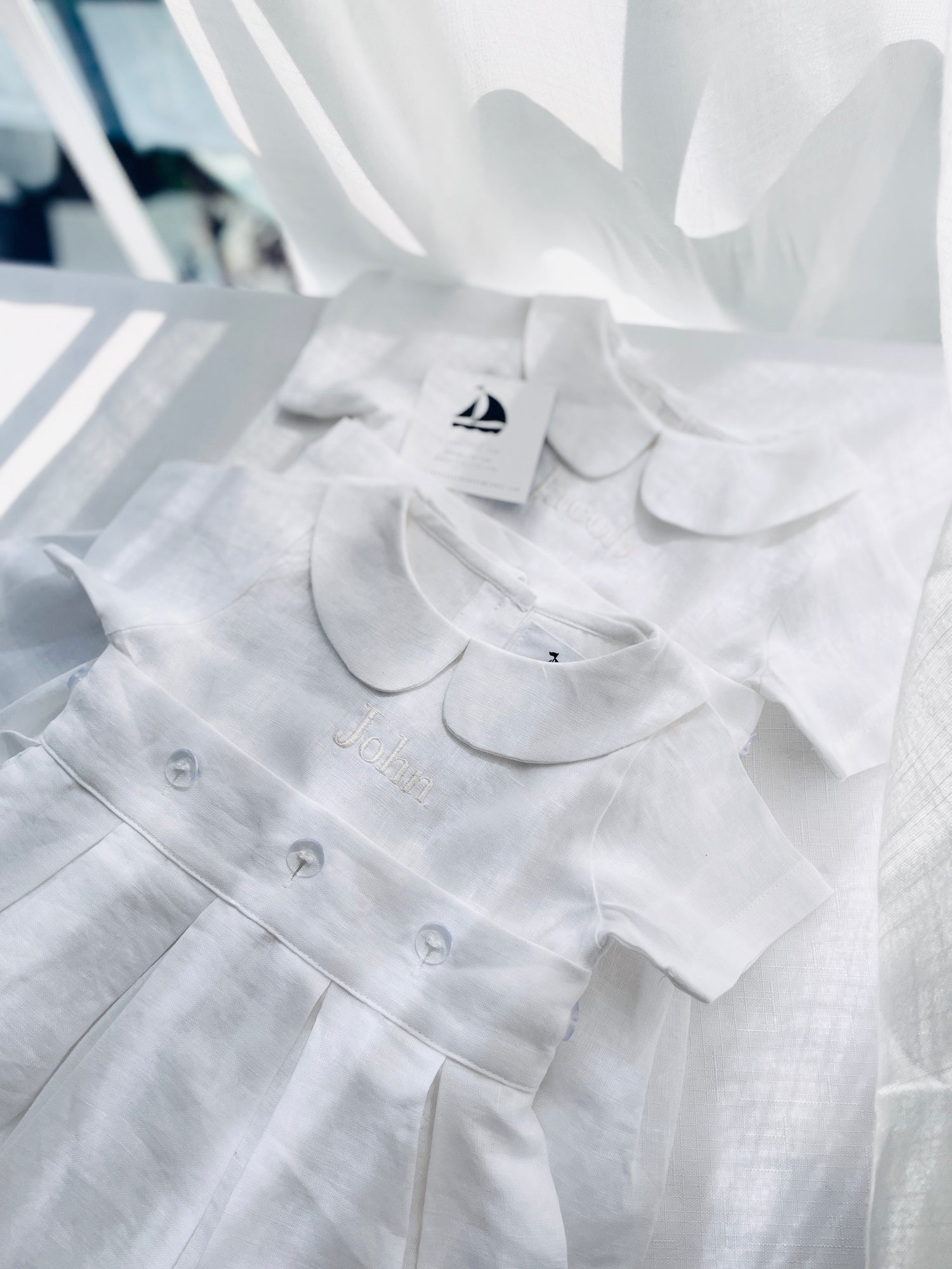 White Linen Baptism and Christening Gowns and Rompers