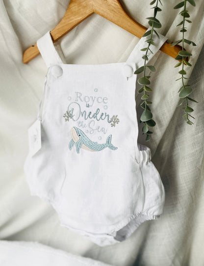 Boys Beige Linen First Birthday romper Pooh Bear and other designs