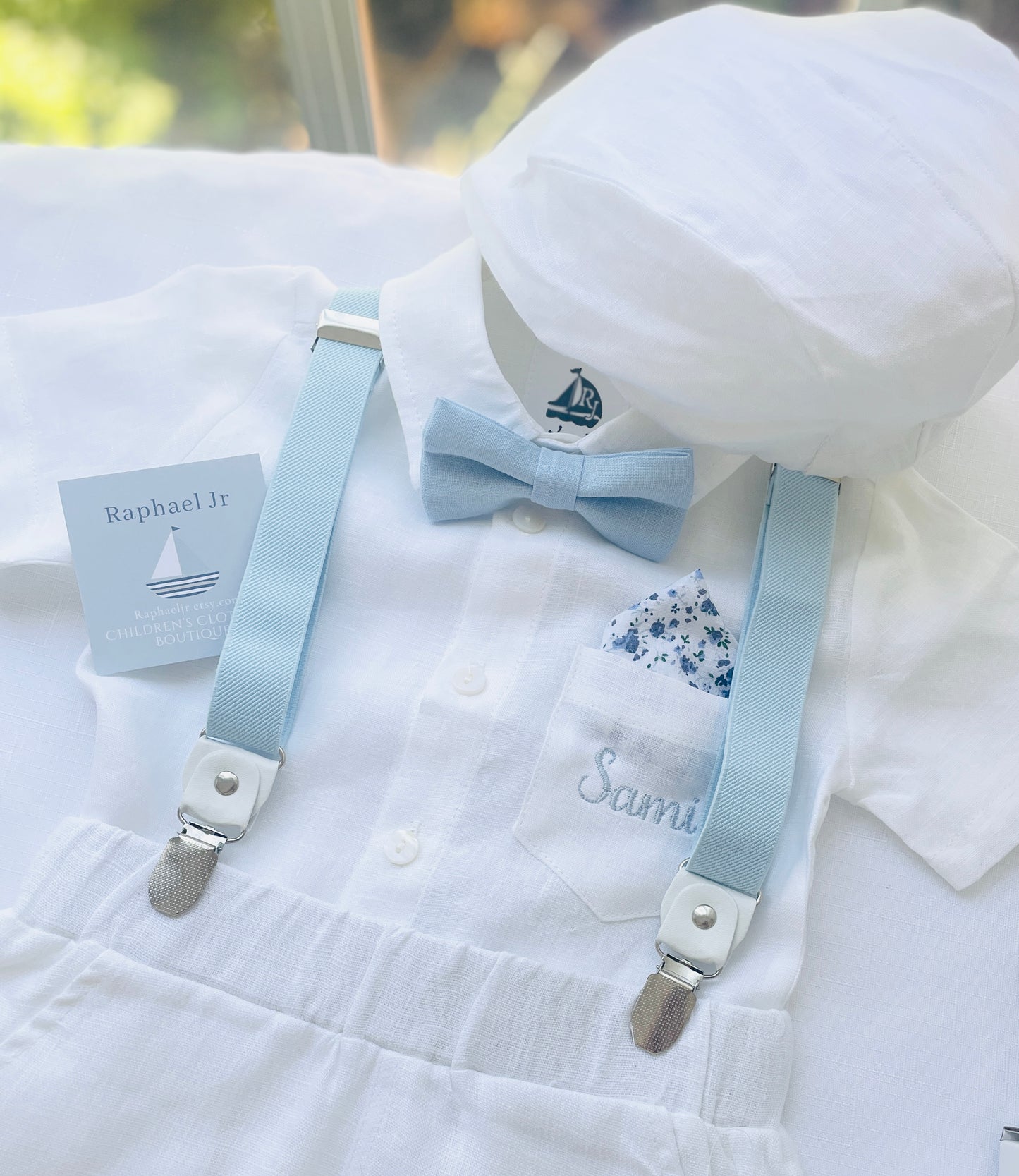 Baby and Toddler Boys white linen baptism suit