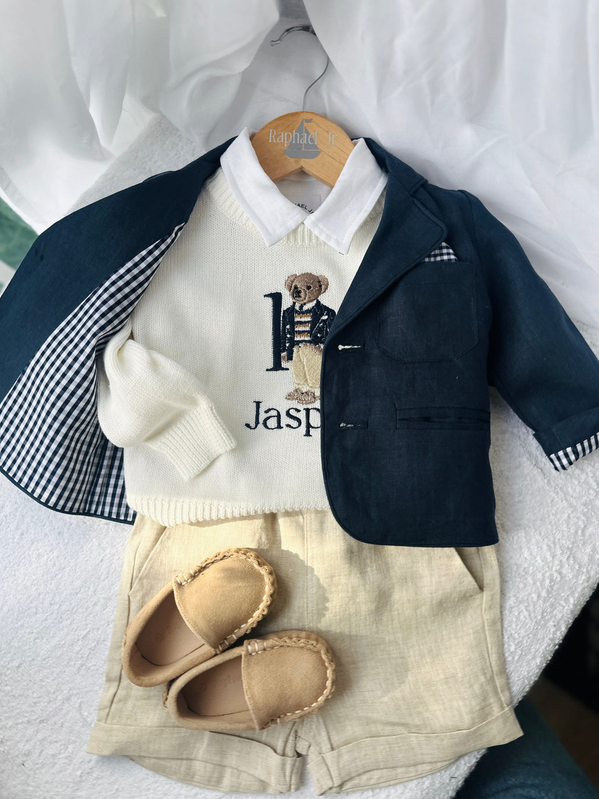 Polo Bear first birthday set with linen shirt, shorts and bear jumper