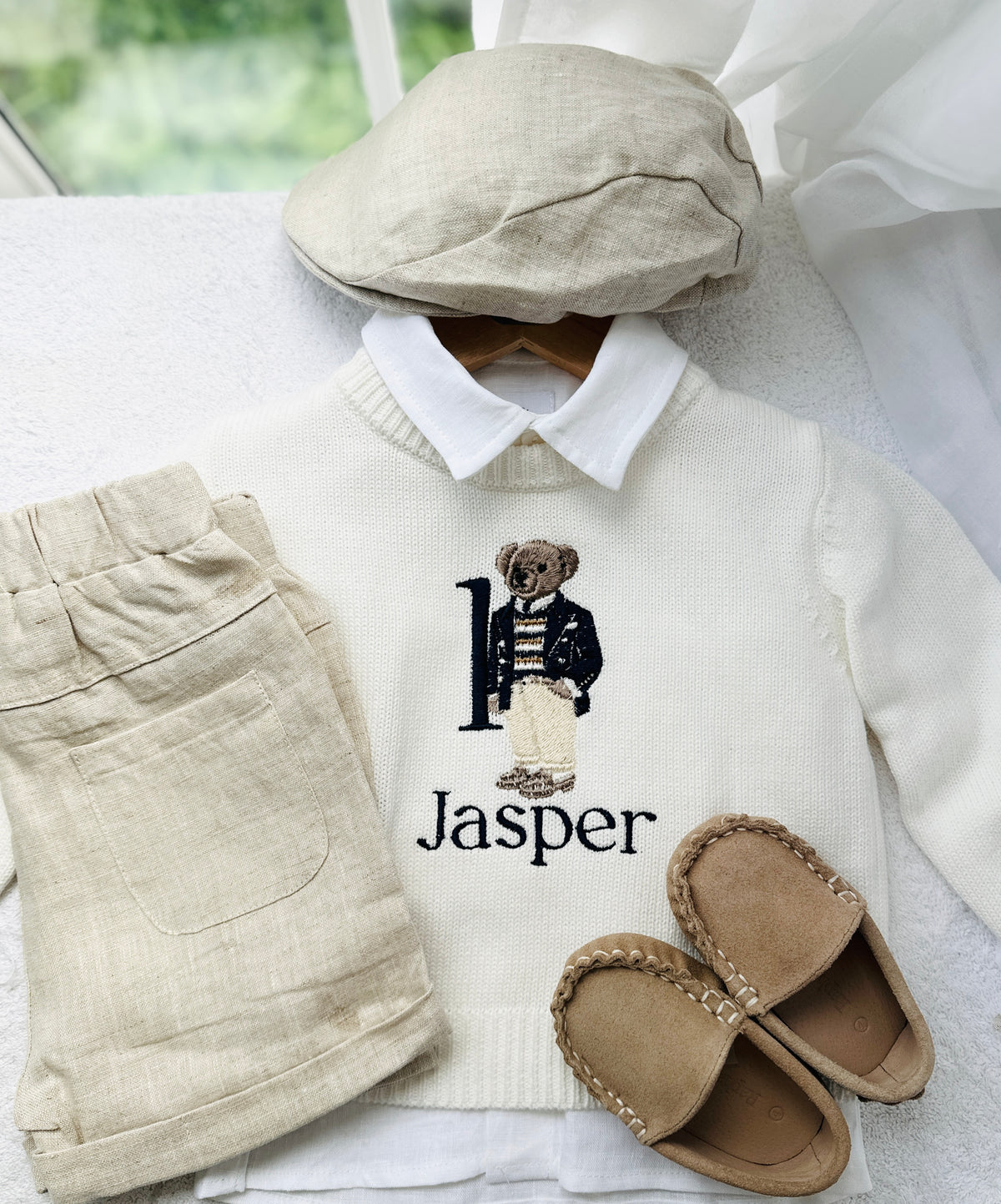 Polo Bear first birthday set with linen shirt, shorts and bear jumper