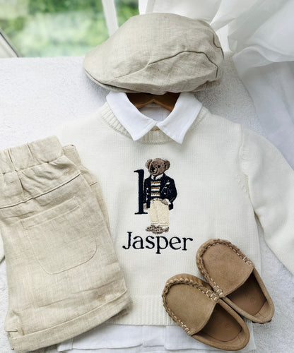 Polo Bear first birthday set with linen shirt, shorts and bear jumper