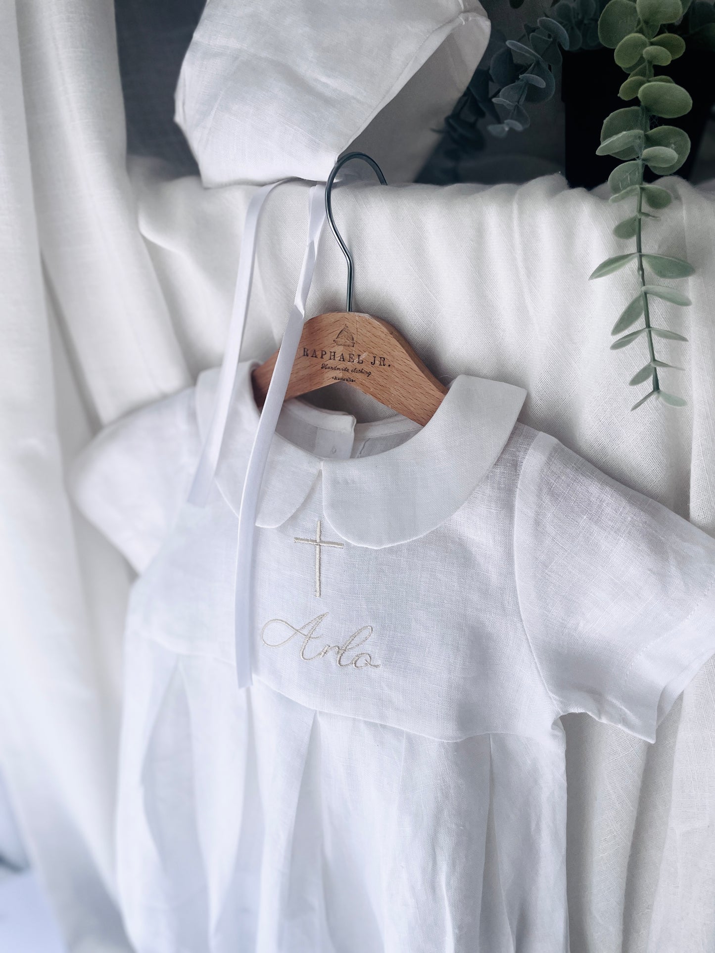 Linen Baptism peter pan collar bubble romper with optional embroidery customisation