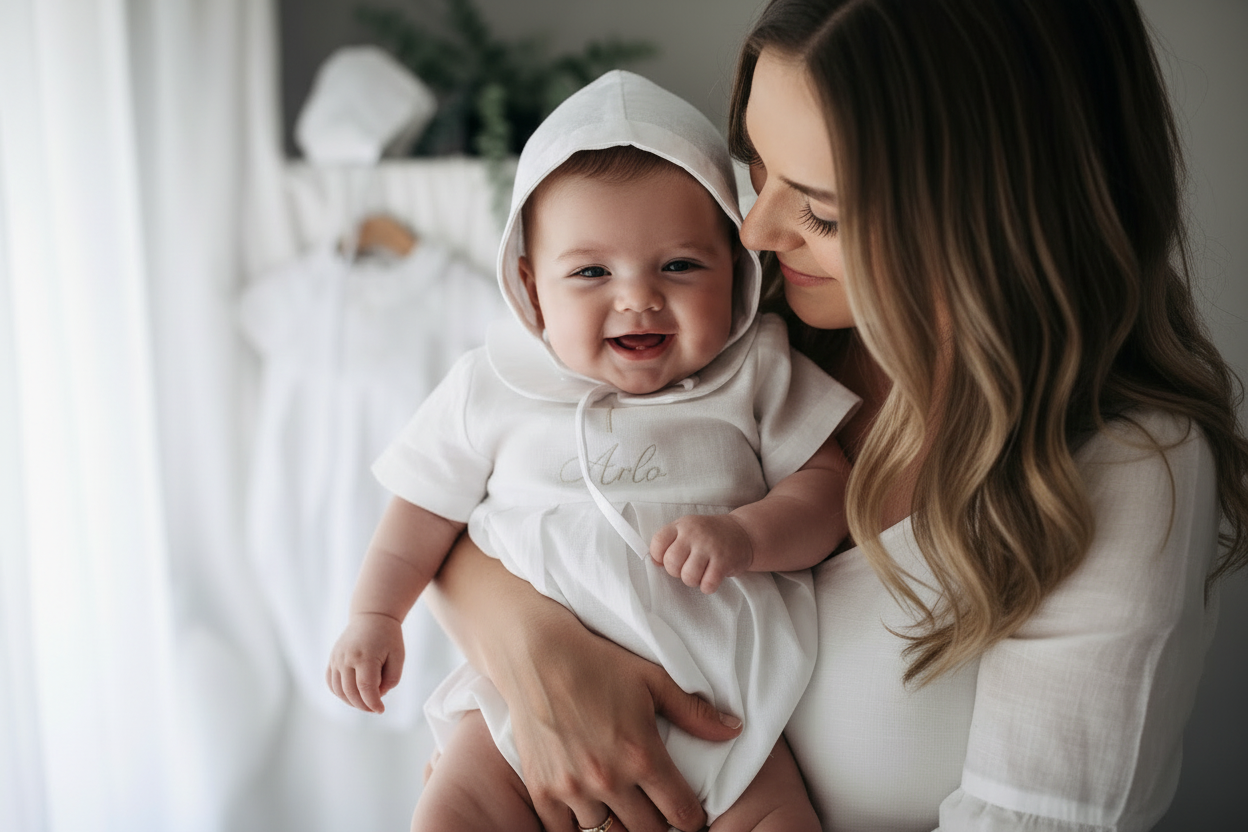 Linen Baptism peter pan collar bubble romper with optional embroidery customisation