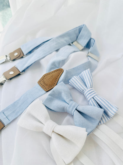 Boys pale blue and white set with vest, pants, linen shirt, bowtie and suspenders, plus optional jacket cap and shoes