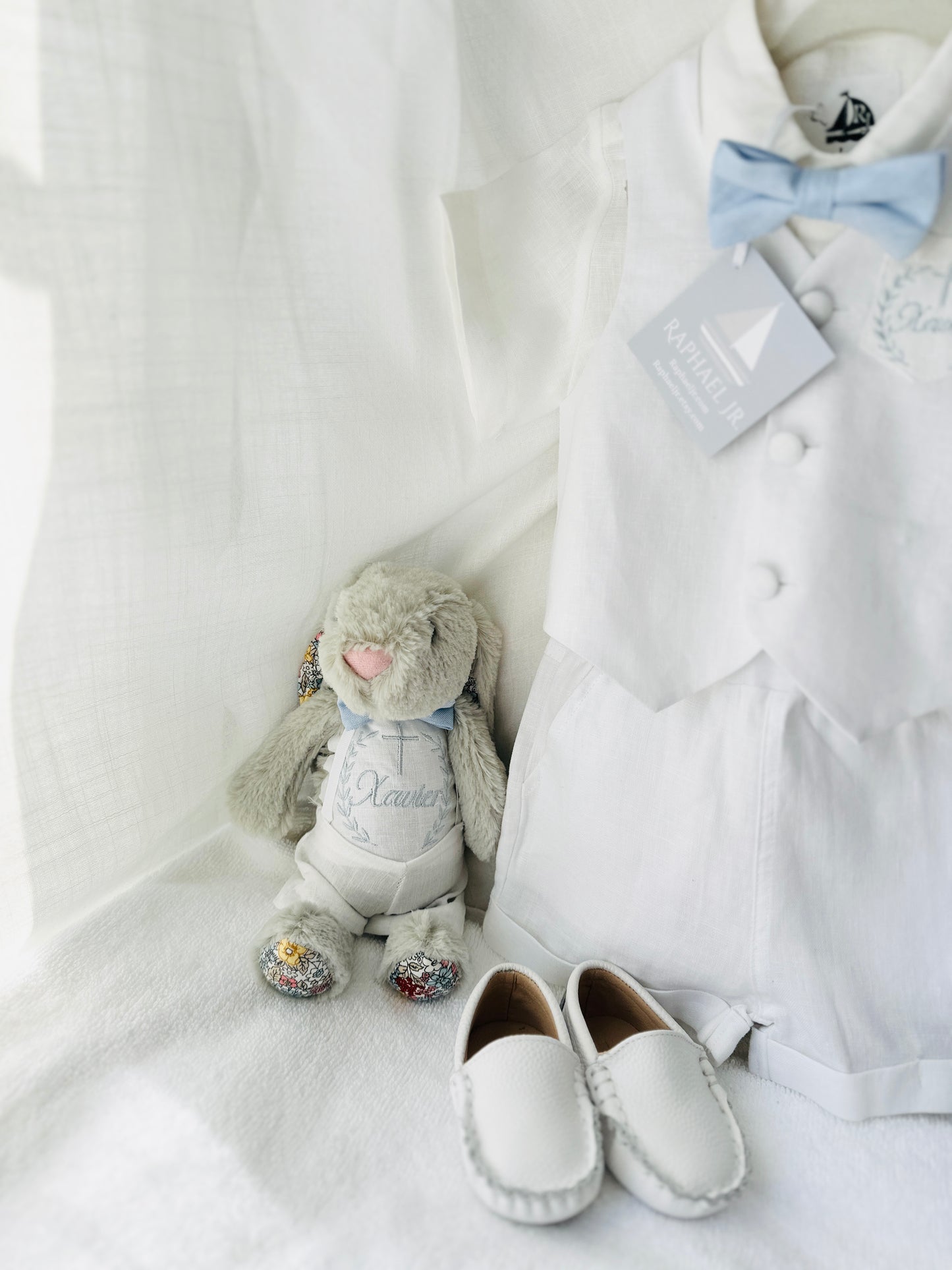 White linen Baptism vest set with shirt, suspender shorts, bowtie and optional embroidery cap and shoes