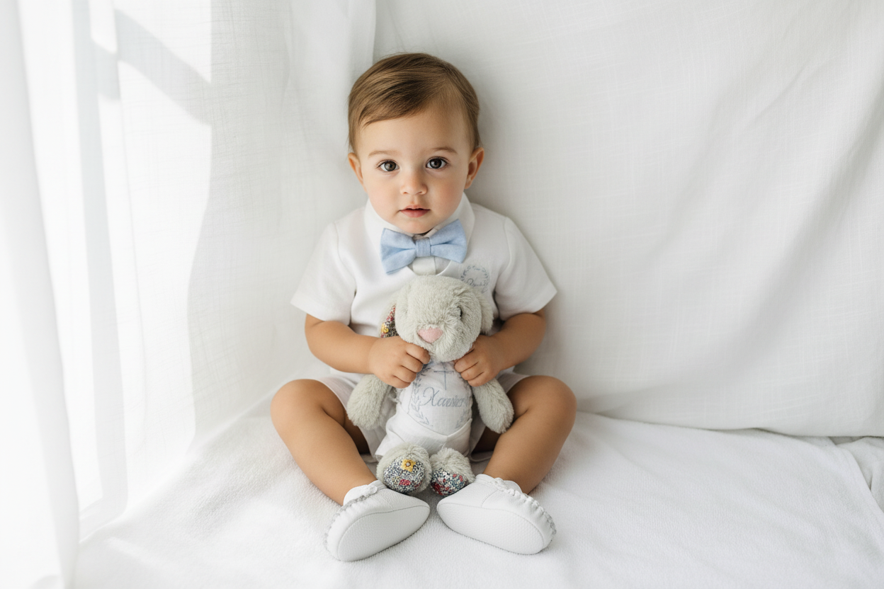 White linen summer Baptism outfit with shorts shirt and suspenders and optional pale blue jacket