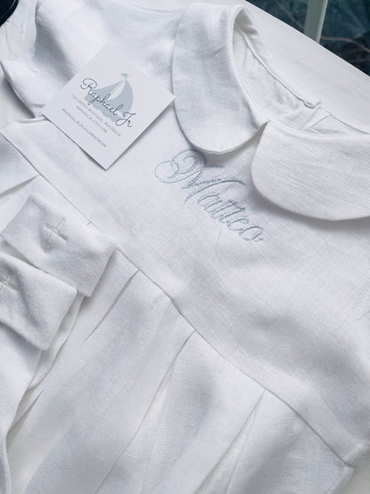 Linen Baptism peter pan collar bubble romper with optional embroidery customisation