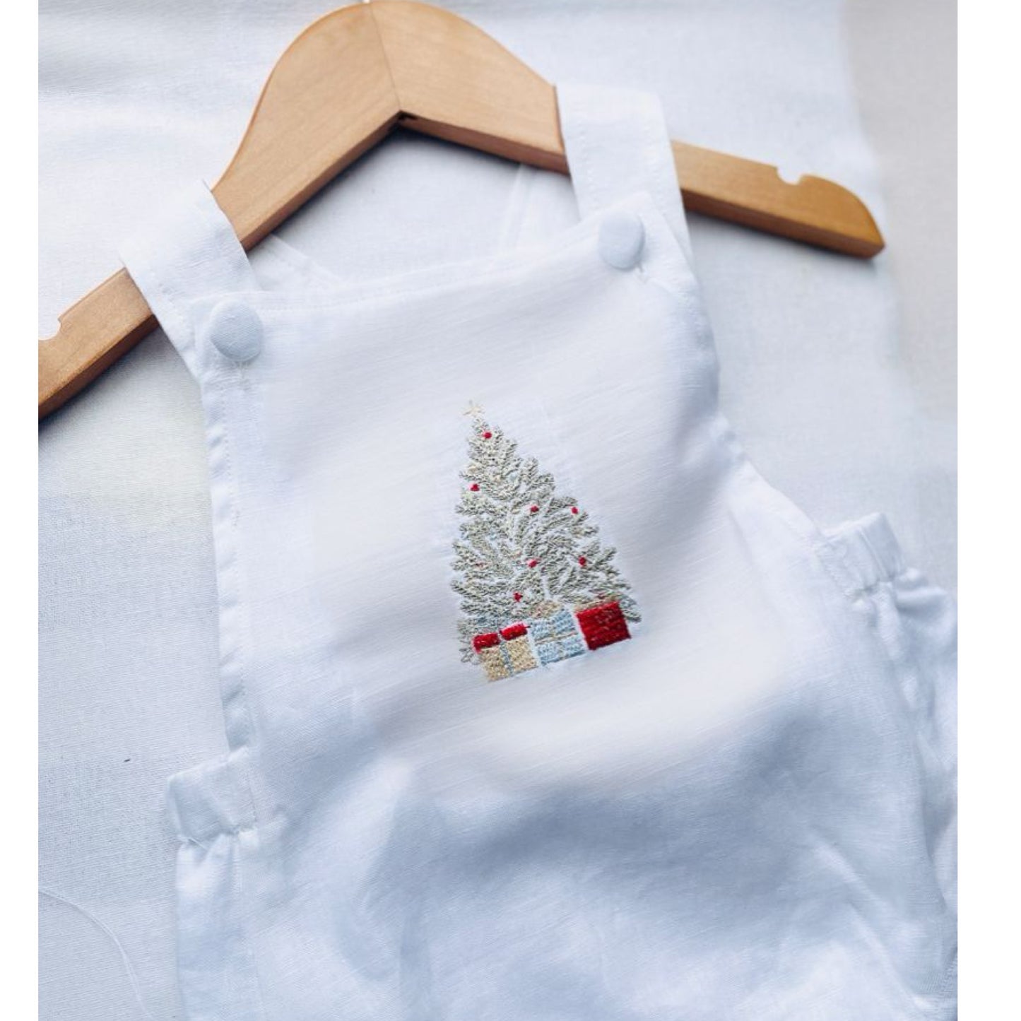 Christmas romper overalls in linen with embroidered design