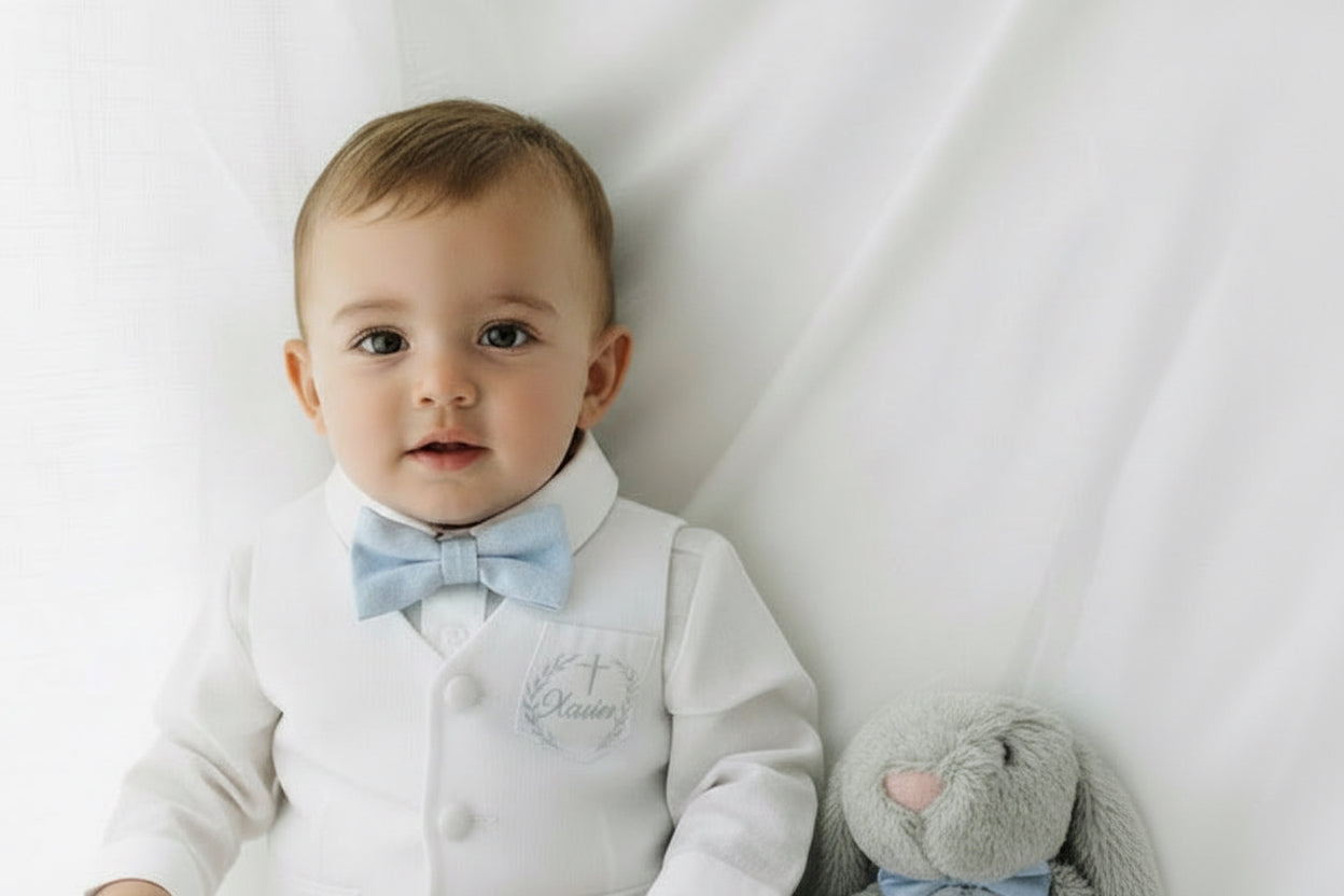 White linen Baptism vest set with shirt, suspender shorts, bowtie and optional embroidery cap and shoes