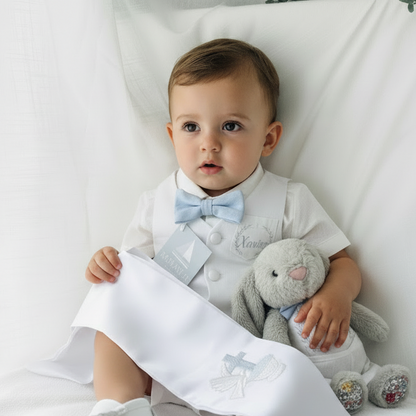 White linen Baptism vest set with shirt, suspender shorts, bowtie and optional embroidery cap and shoes