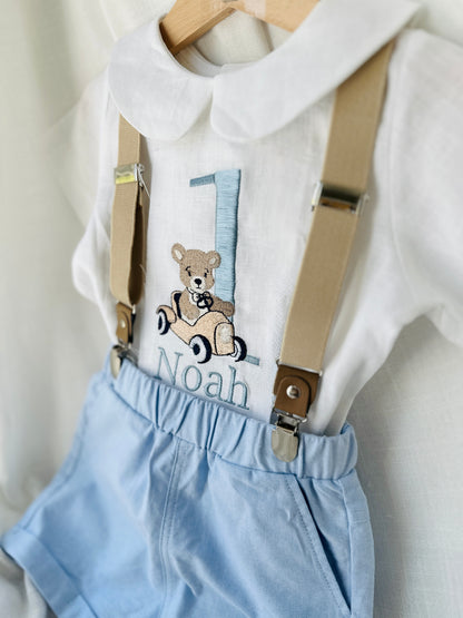 Blue and white linen first Birthday and Baptism blouse with suspender shorts set