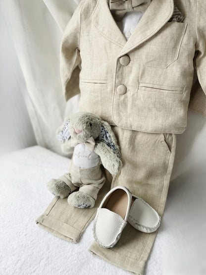 Beige linen pants and shirt set with bowtie and suspenders and optional personalisation