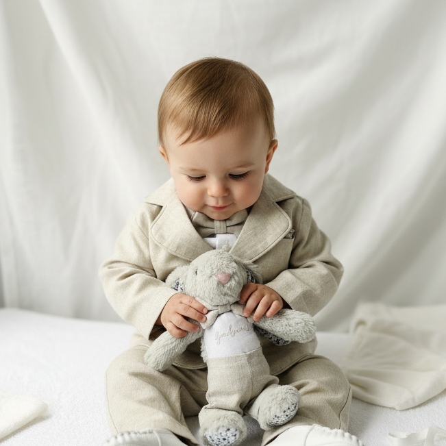 White and Beige Linen Set with optional Jacket Accessories and Embroidery