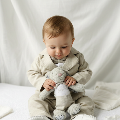 Beige linen pants and shirt set with bowtie and suspenders and optional personalisation