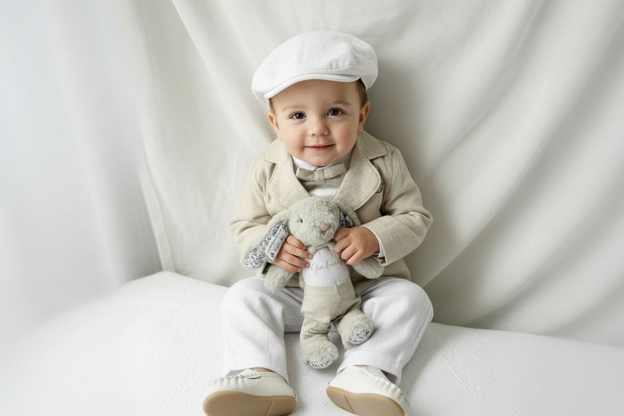 White and Beige Linen Set with optional Jacket Accessories and Embroidery