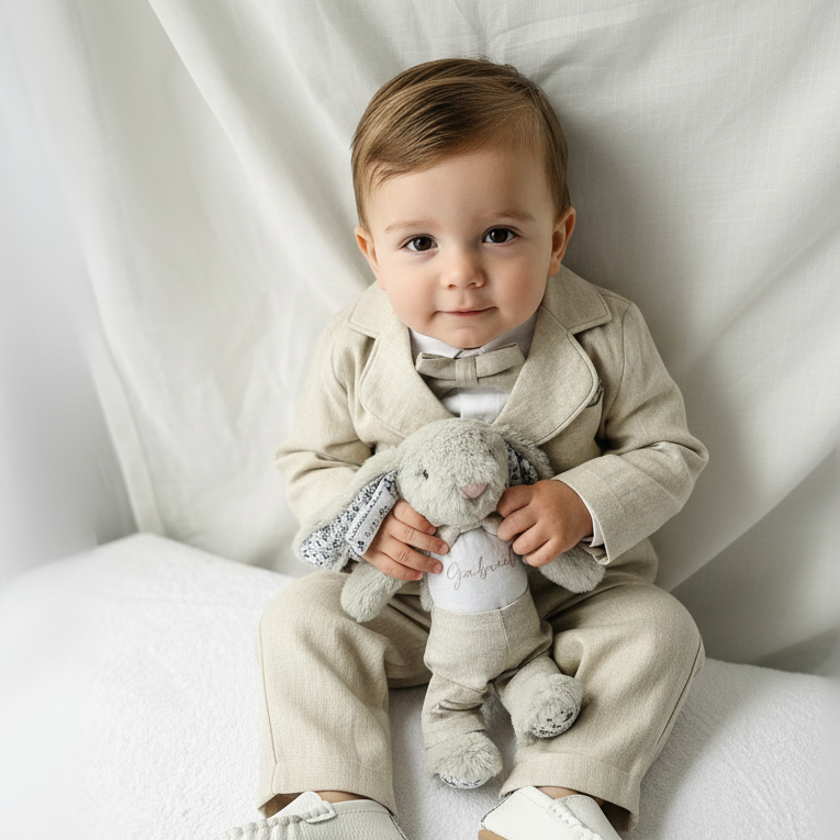 White and Beige Linen Set with optional Jacket Accessories and Embroidery