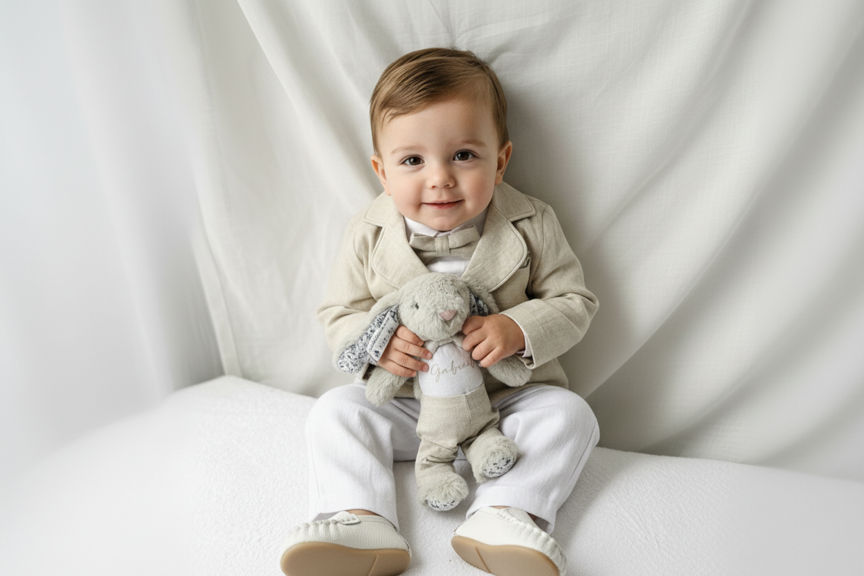 White and Beige Linen Set with optional Jacket Accessories and Embroidery