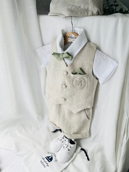 Beige Linen Shorts Shirt Suspenders and Vest set with Optional Cap Jacket and Embroidery
