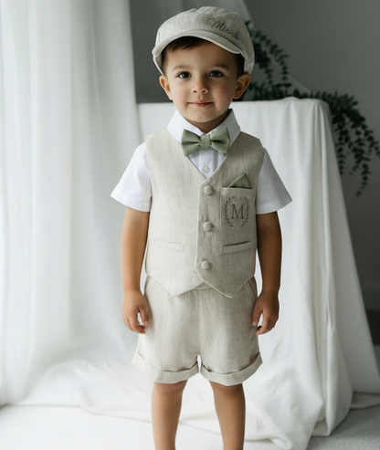 Beige Linen Shorts Shirt Suspenders and Vest set with Optional Cap Jacket and Embroidery