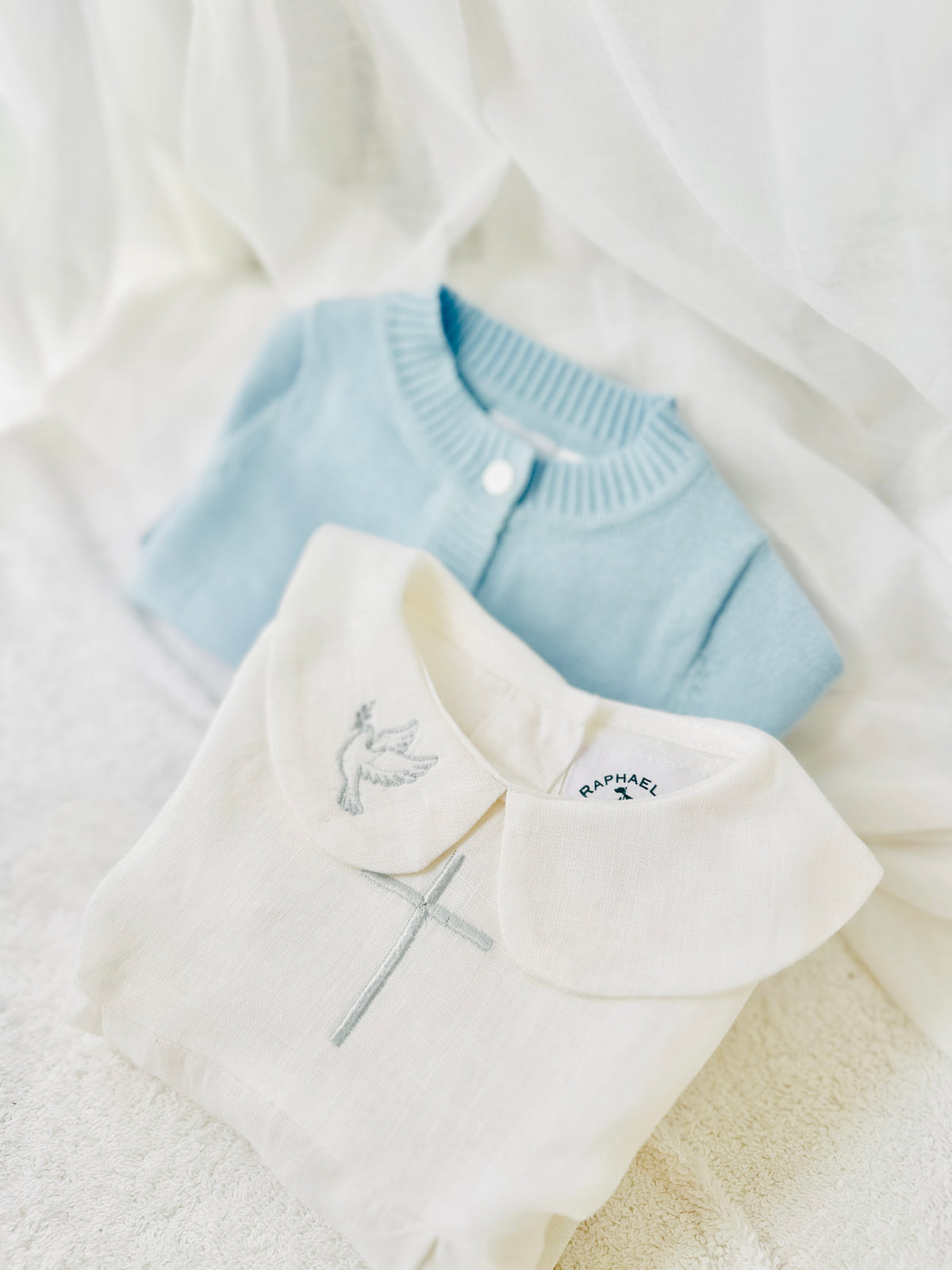 Linen Baptism 3/4 length jumpsuit romper with optional pale blue cardigan