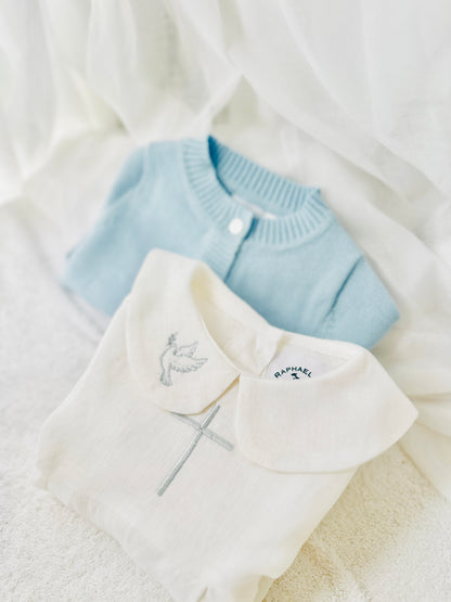 Linen Baptism 3/4 length jumpsuit romper with optional pale blue cardigan