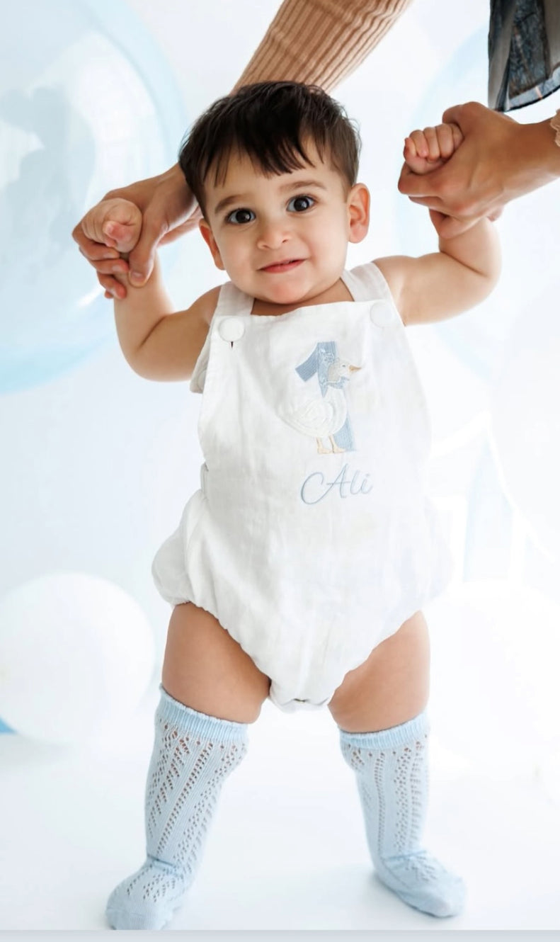 Boys White Linen romper first birthday overalls one silly goose onederful world oneder the sea and more