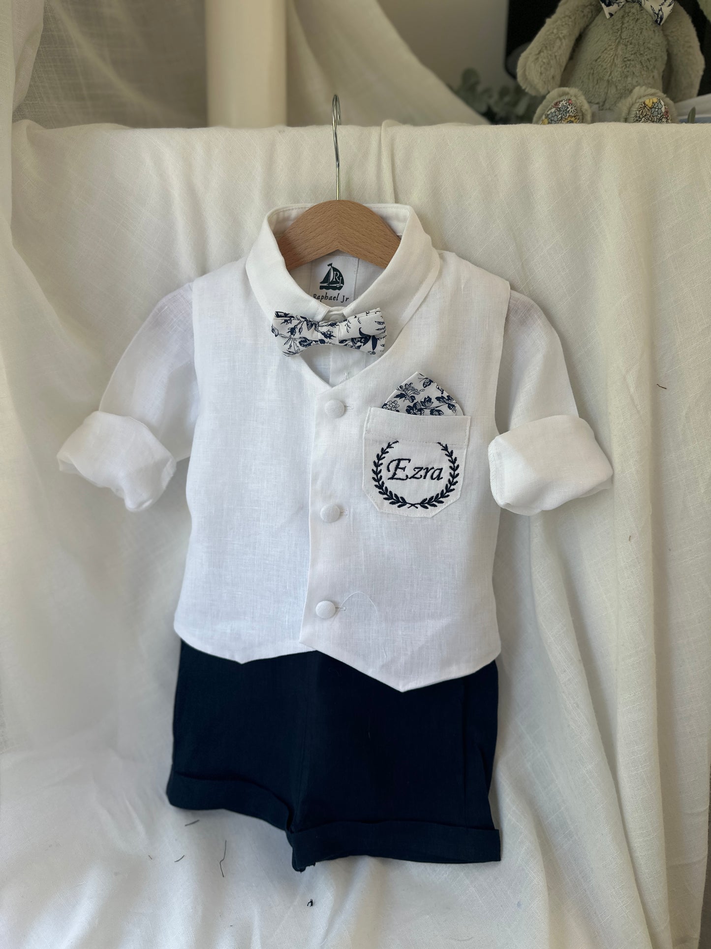 White linen vest and navy shorts summer set
